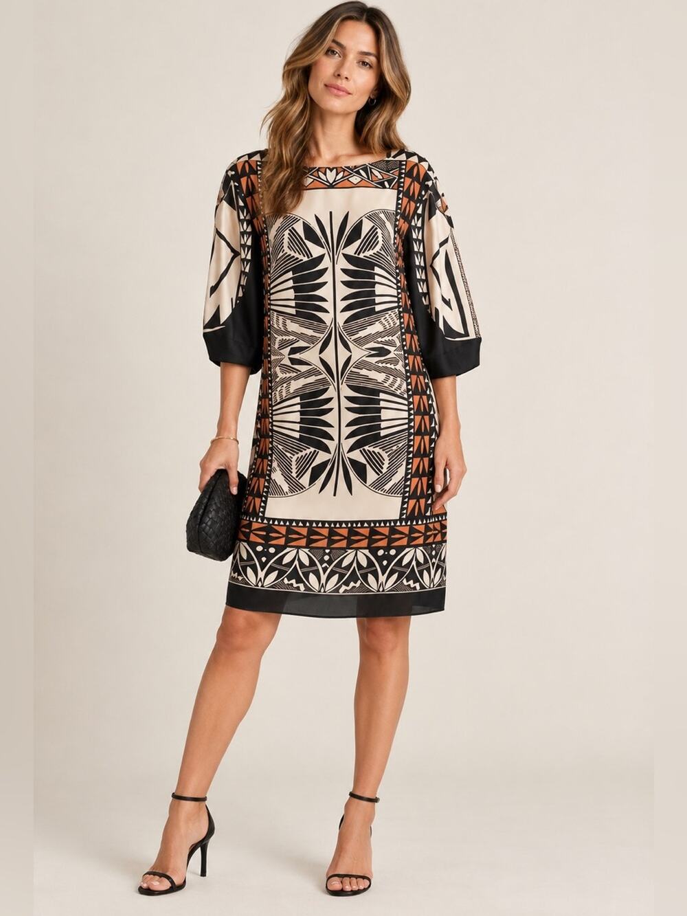 Alberta Ferretti 100% Silk Geometric Print Shift Mini Dress Puff Sleeve US 4